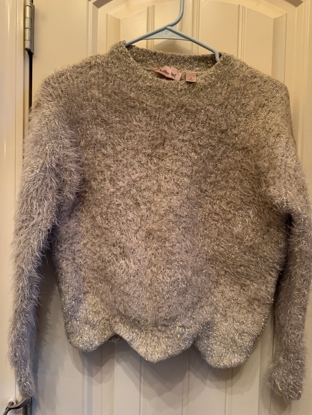 Willow Fuzzy Scallop-Hem Crewneck Sweater in Light Gray with Metallic Thread
